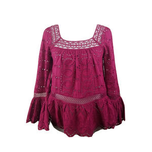 NEW $310 TRYB Women Top Peasant Lace Embroidered Lace Tassel Bell‎ Sleeve